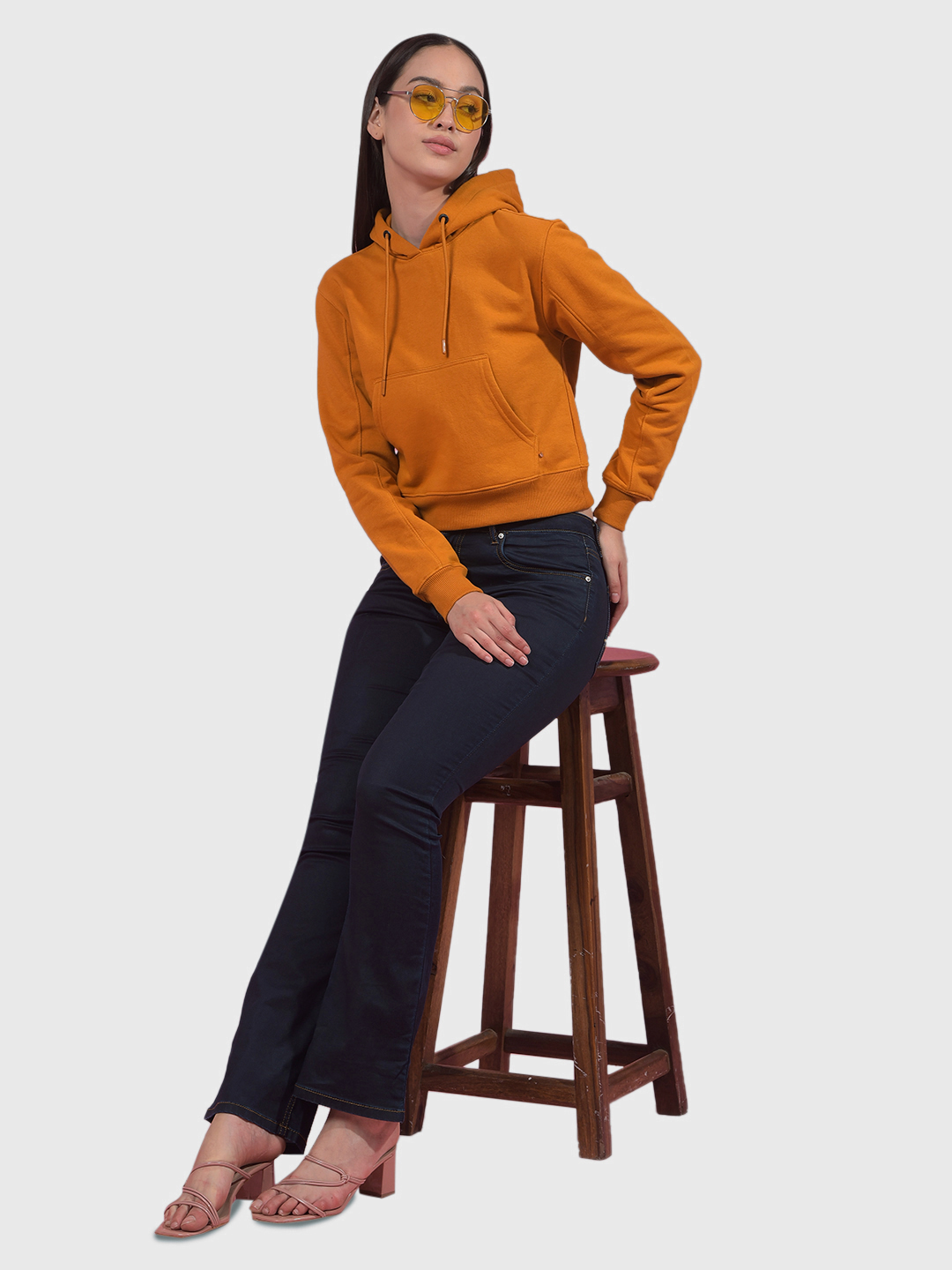 Numero Uno Women Ochre Cropped Hooded Sweatshirt